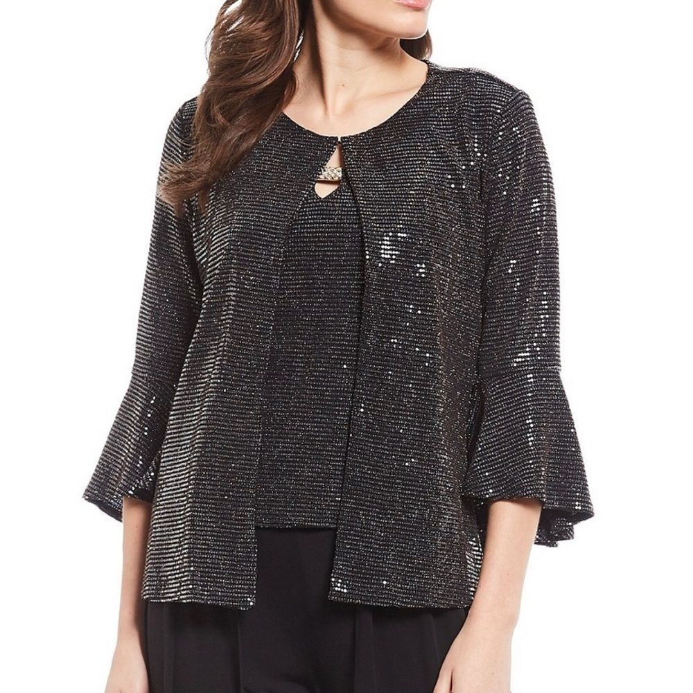 Two piece jacket set Foil Knit Fabric Party Top - Picture 2 of 8